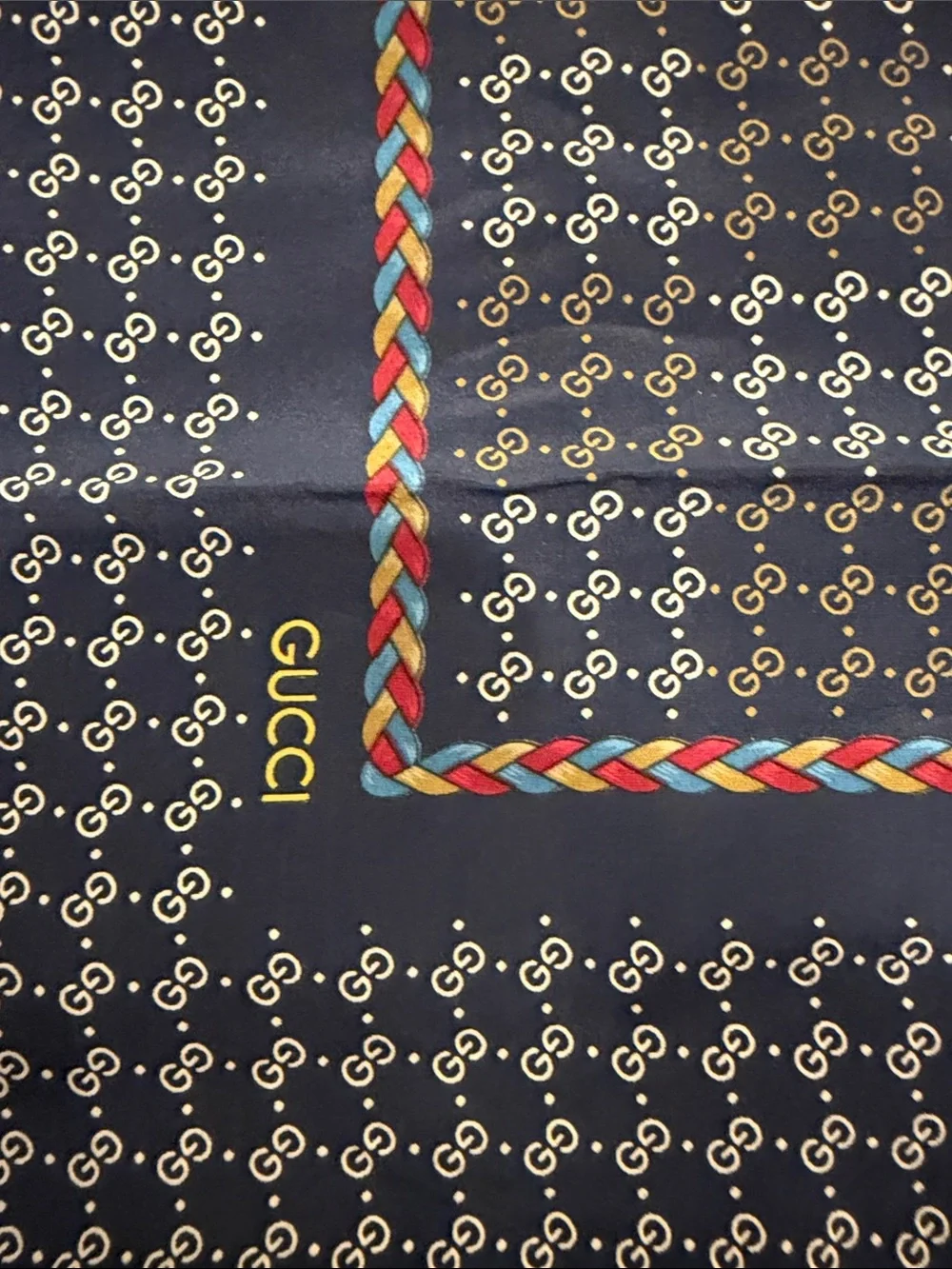 Vintage Gucci Black Silk Square Scare with Red, Green and Yellow Trim